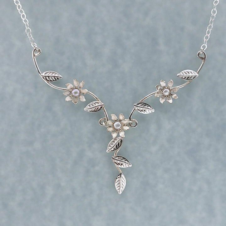Wild Flower Vine Necklace in Sterling Silver with Freshwater Pearls