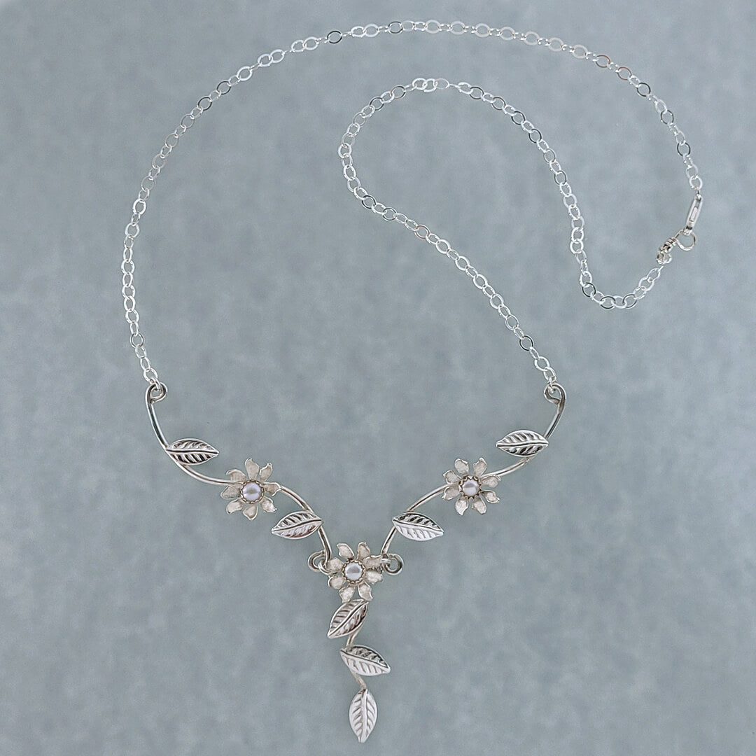 Handmade Wild Flower Vine Necklace in Sterling Silver with Freshwater Pearls 