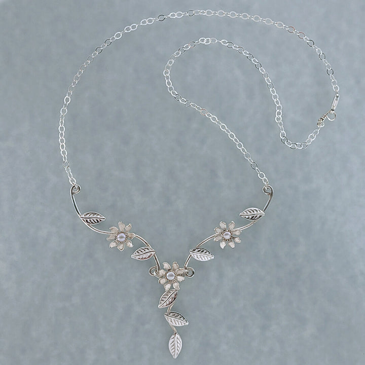 Handmade Wild Flower Vine Necklace in Sterling Silver with Freshwater Pearls 