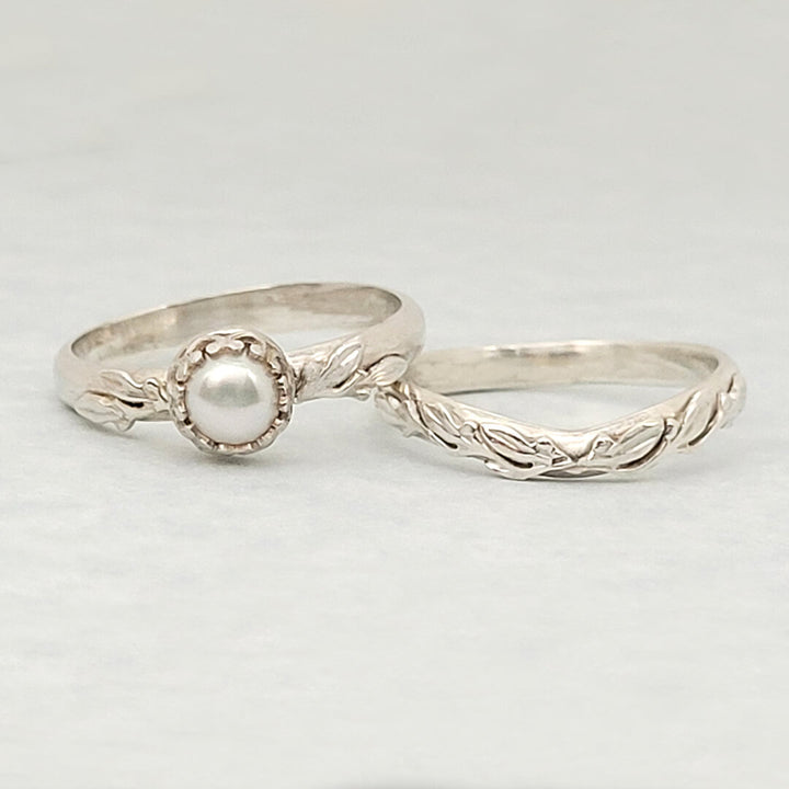 Wild Thyme Leaf Pearl Engagement Ring and Curved Wedding Band in Sterling Silver