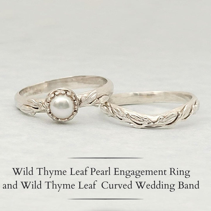 Wild Thyme Leaf Pearl Engagement Ring and Matching Leaf Curved Wedding Band in Sterling Silver