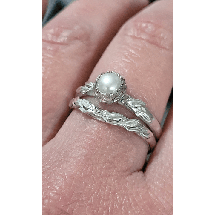 Wild Thyme Leaf Pearl Engagement Ring and Matching Leaf Curved Wedding Band in Sterling Silver