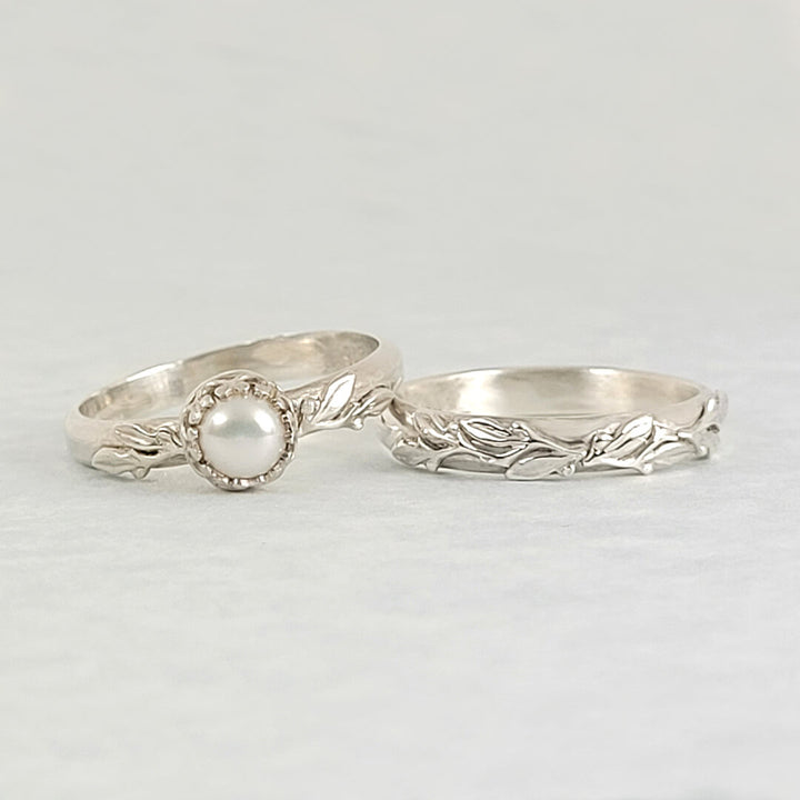 Leaf Pearl Engagement Ring and Matching Leaf Wedding Band Set in Sterling Silver