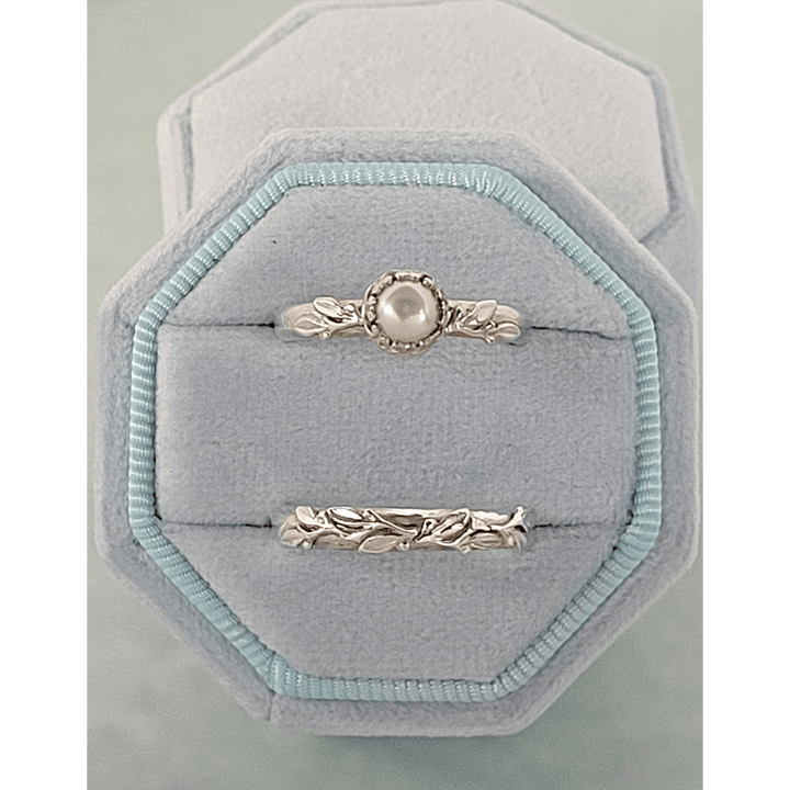 Wild Thyme Leaf Pearl Engagement Ring and Matching Leaf Wedding Band Set in Sterling Silver