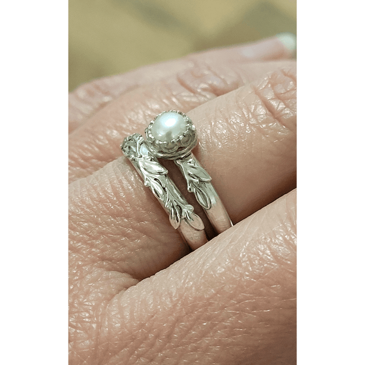 Wild Thyme Leaf Pearl Engagement Ring and Matching Thyme Leaf Wedding Band Set in Sterling Silver