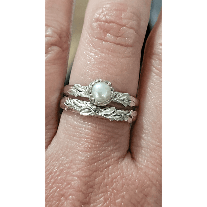 Wild Thyme Leaf Wedding Band in Sterling Silver and Wild Thyme Leaf Pearl Engagement Ring