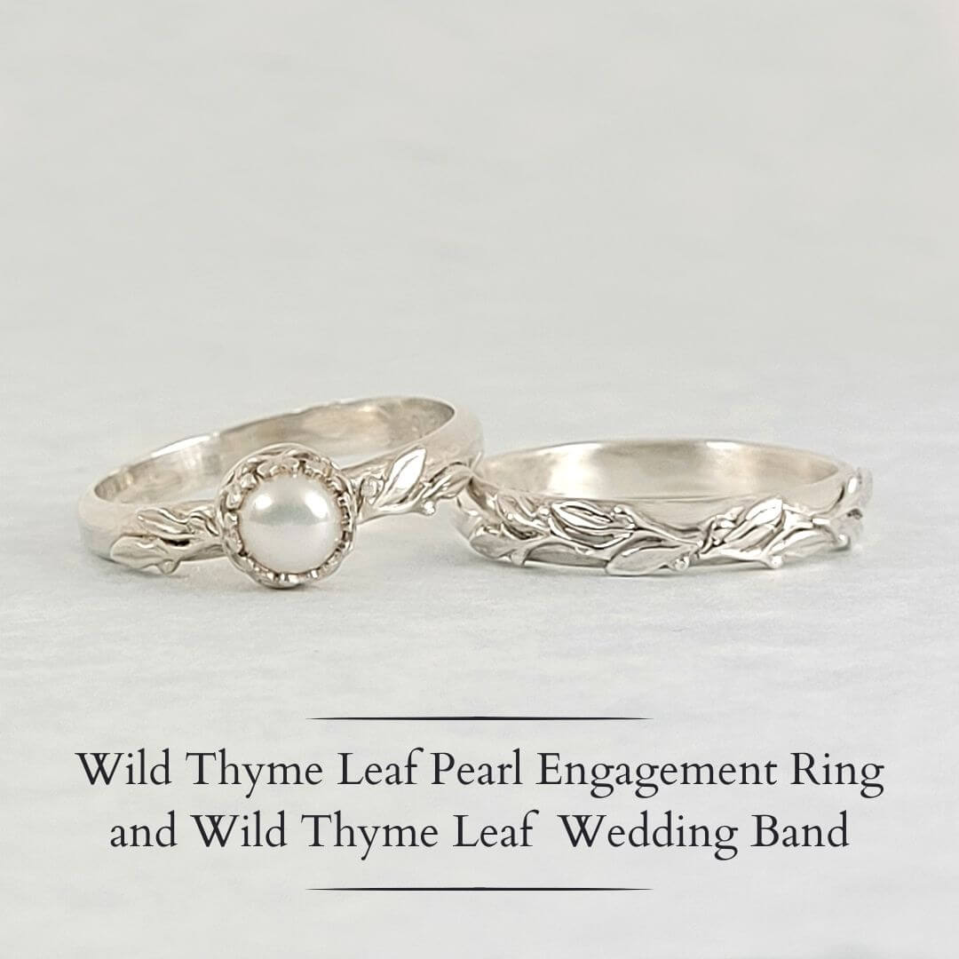 Wild Thyme Leaf Wedding Band in Sterling Silver and Wild Thyme Leaf Pearl Engagement Ring