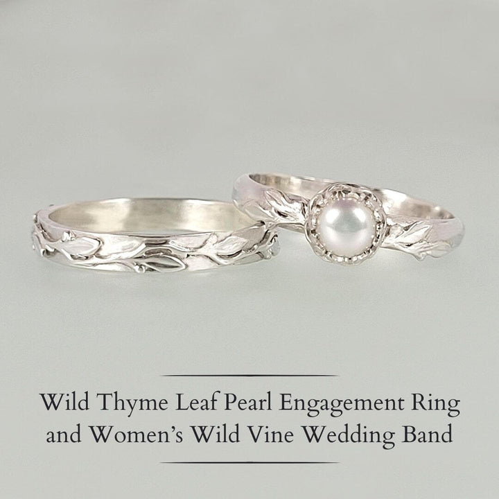 wine and leaf wedding band and pearl engagement ring with leaves in sterling silver