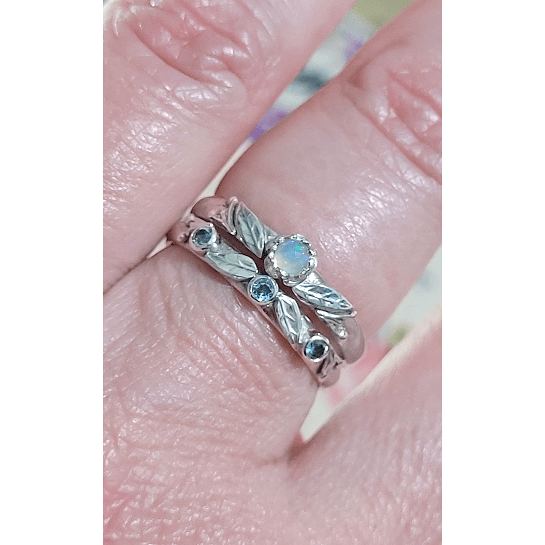 Willow Leaf Swiss Blue Topaz Wedding Band and Opal Engagement Ring in Sterling Silver