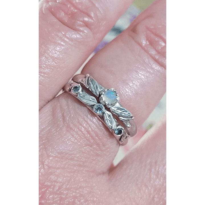 Willow Leaf Swiss Blue Topaz Wedding Band and Opal Engagement Ring in Sterling Silver