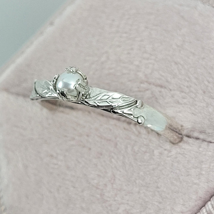 Willow Leaf Pearl Engagement Ring in Sterling Silver