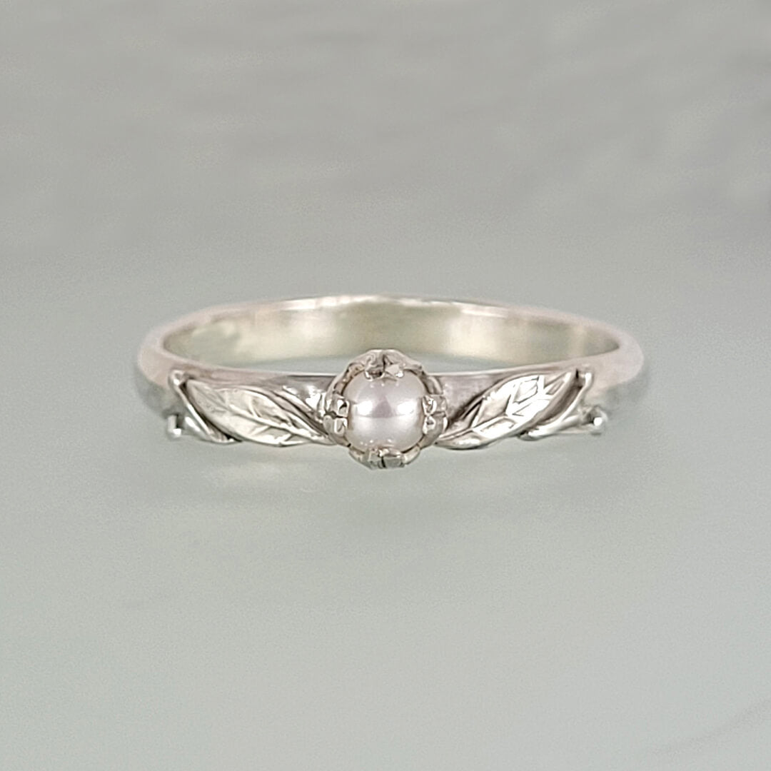 Willow Leaf Pearl Engagement Ring in Sterling Silver