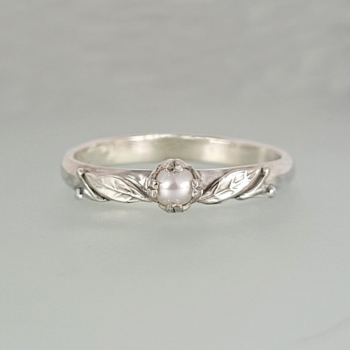 Willow Leaf Pearl Engagement Ring in Sterling Silver