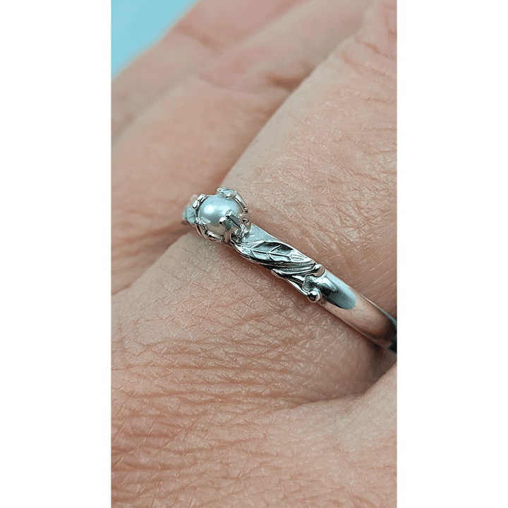 Willow Leaf Pearl Engagement Ring in Sterling Silver