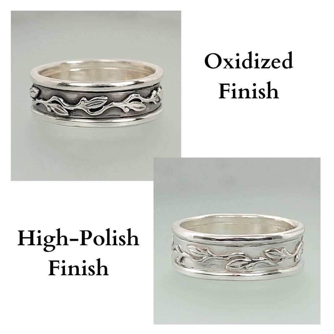 Men's Leaf and Vine Wedding Band  Sterling Silver Finishes