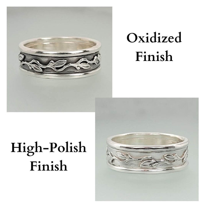 Men's Leaf and Vine Wedding Band  Sterling Silver Finishes
