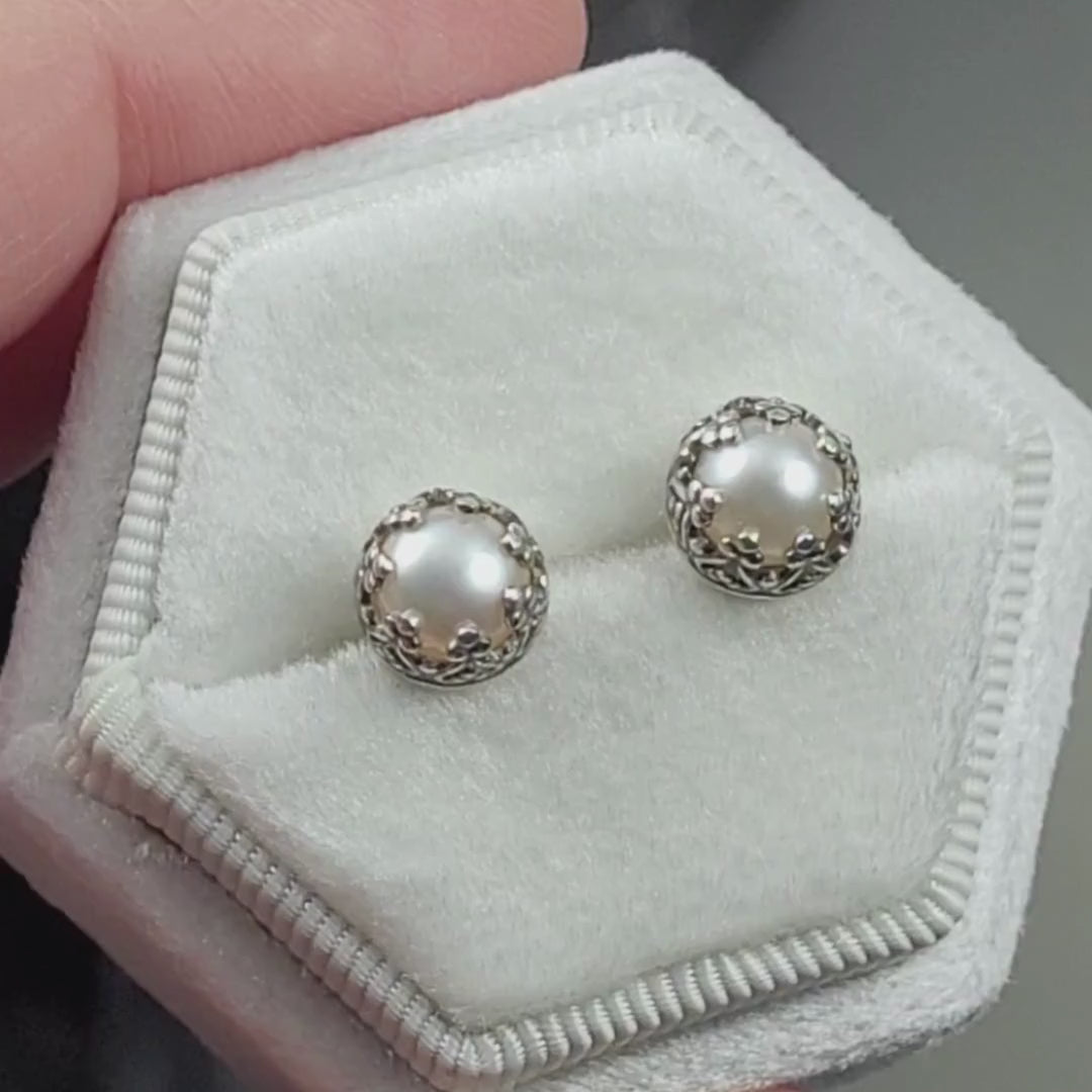 Edwardian style pearl stud earrings in sterling silver