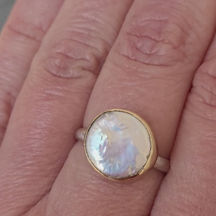 coin pearl ring in sterling silver with 14kt gold bezel by Kryzia Kreations