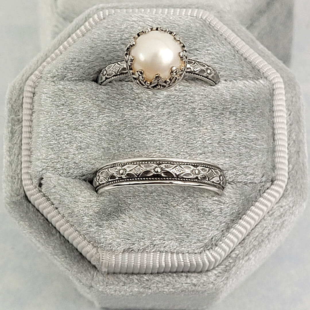 Edwardian Style Pearl Engagement Ring and Floral Wedding Band Set 