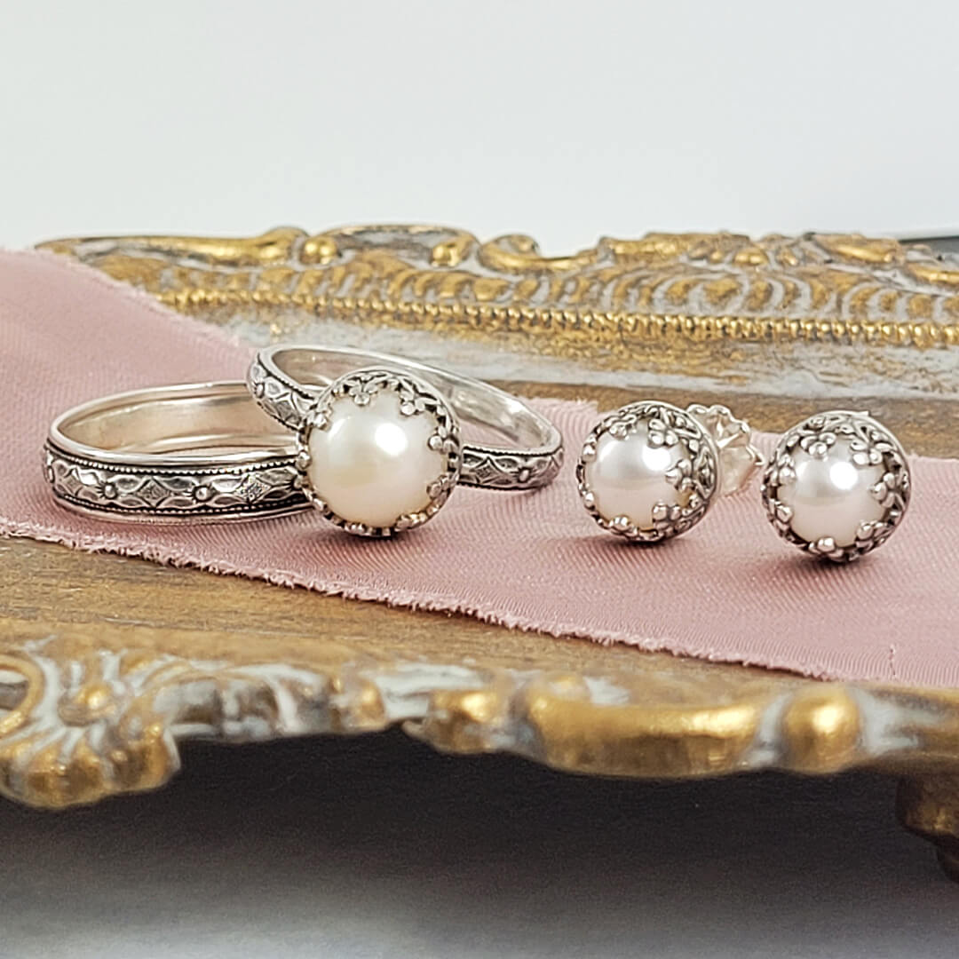 Edwardian pearl engagement ring and wedding band with matching Edwardian pearl stud earrings