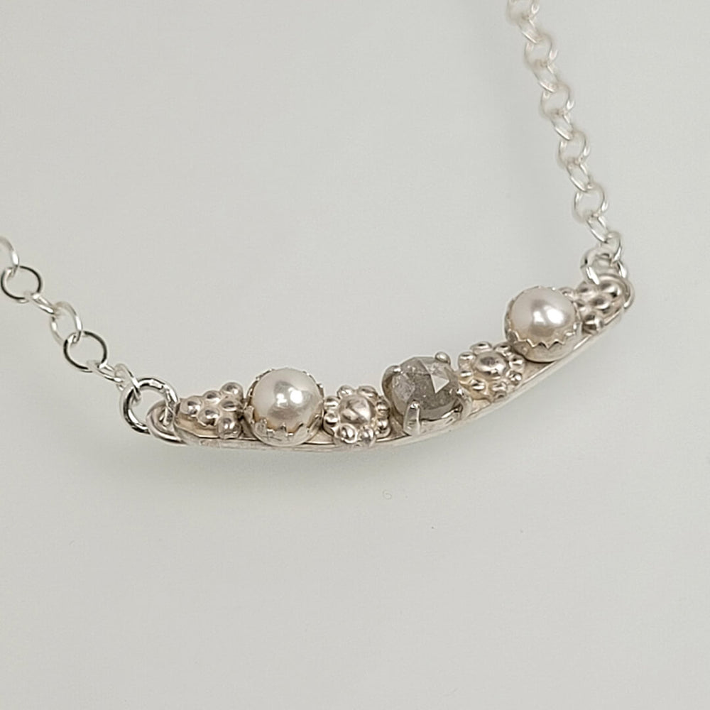 rustic gray diamond and pearl necklace in sterling silver vintage style