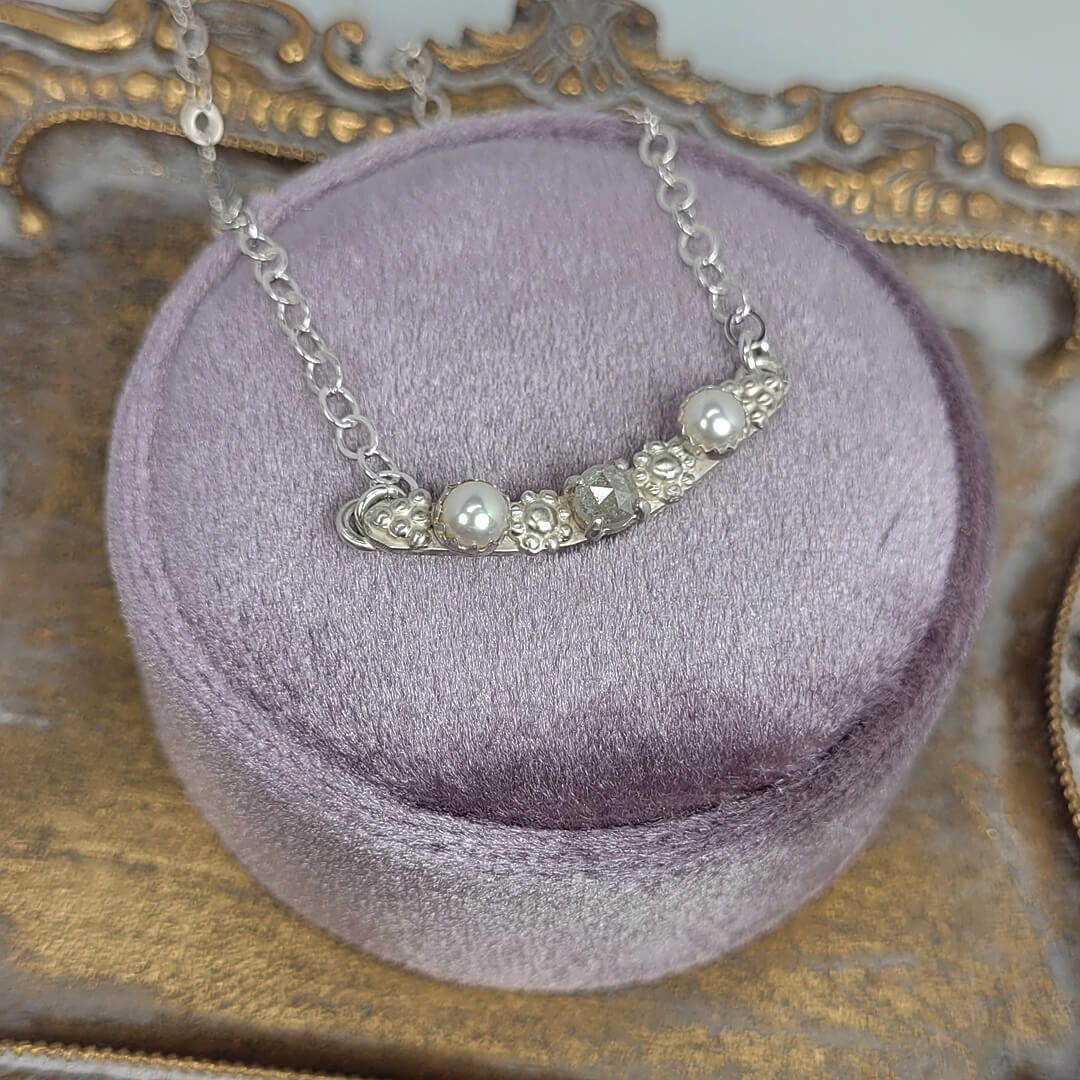 vintage inspired rustic gray diamond and pearl necklace in sterling silver in sterling silver