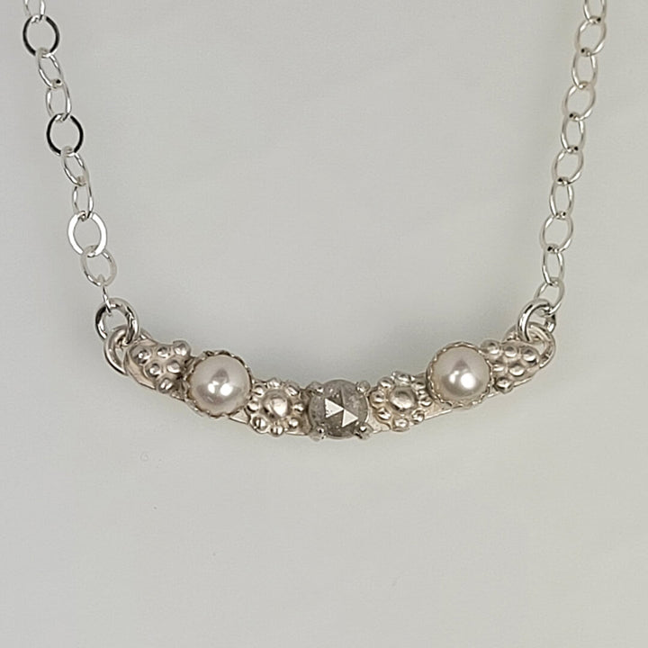 rustic gray diamond and pearl necklace in sterling silver