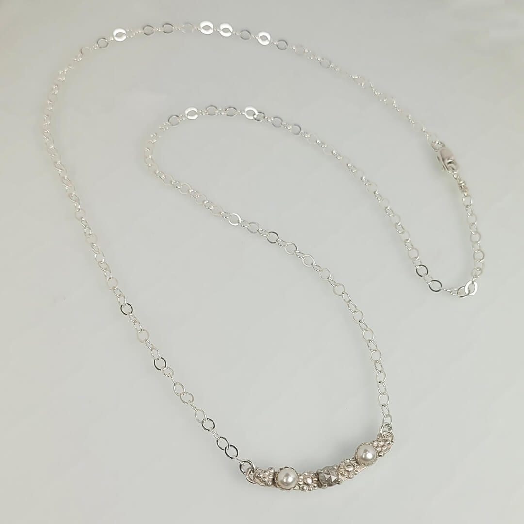 vintage style rustic gray diamond and pearl necklace in sterling silver in sterling silver