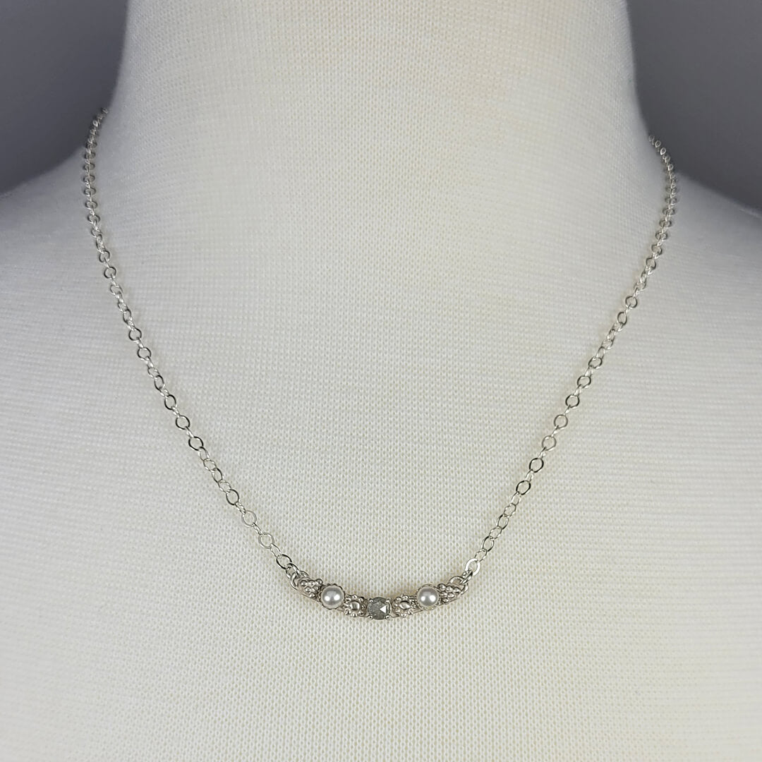 rustic gray diamond and pearl necklace in sterling silver in sterling silver