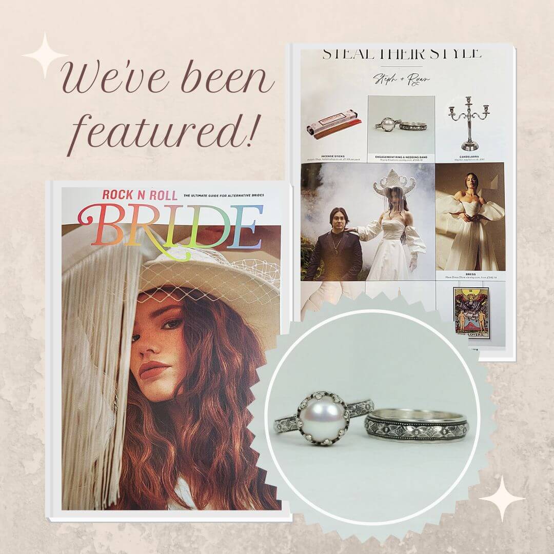 Edwardian Style Pearl Engagement Ring and Wedding Bnad Set featured in Rock 'n Roll Bride Magazine