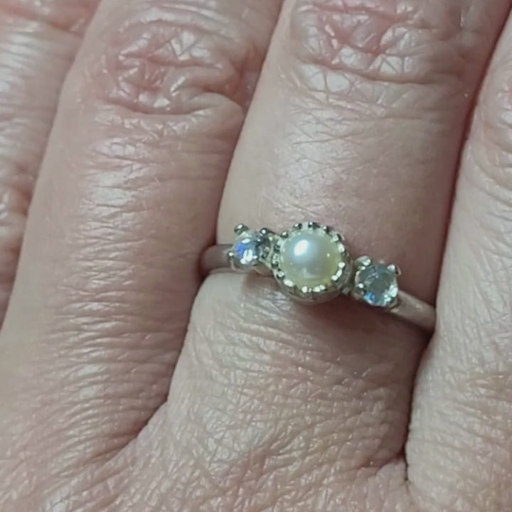 Pearl ring with rainbow moonstones in sterling silver