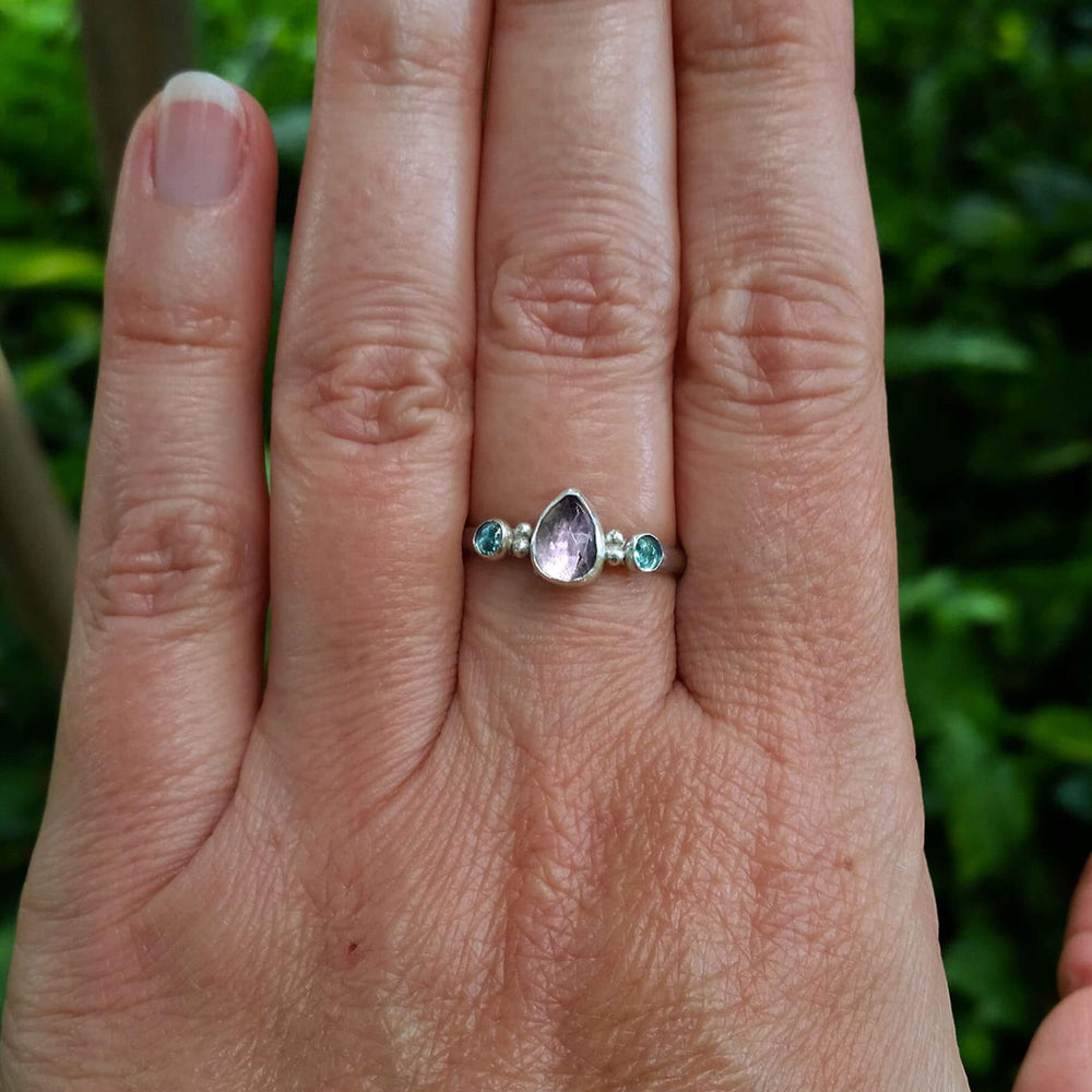 Pear-shaped amethyst ring with London blue topaz in sterling silver