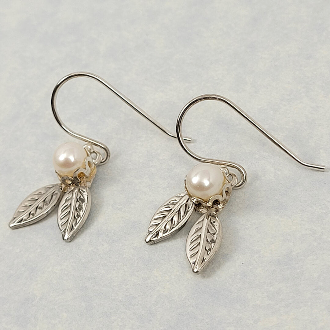 Sterling silver leaf earrings with pearls