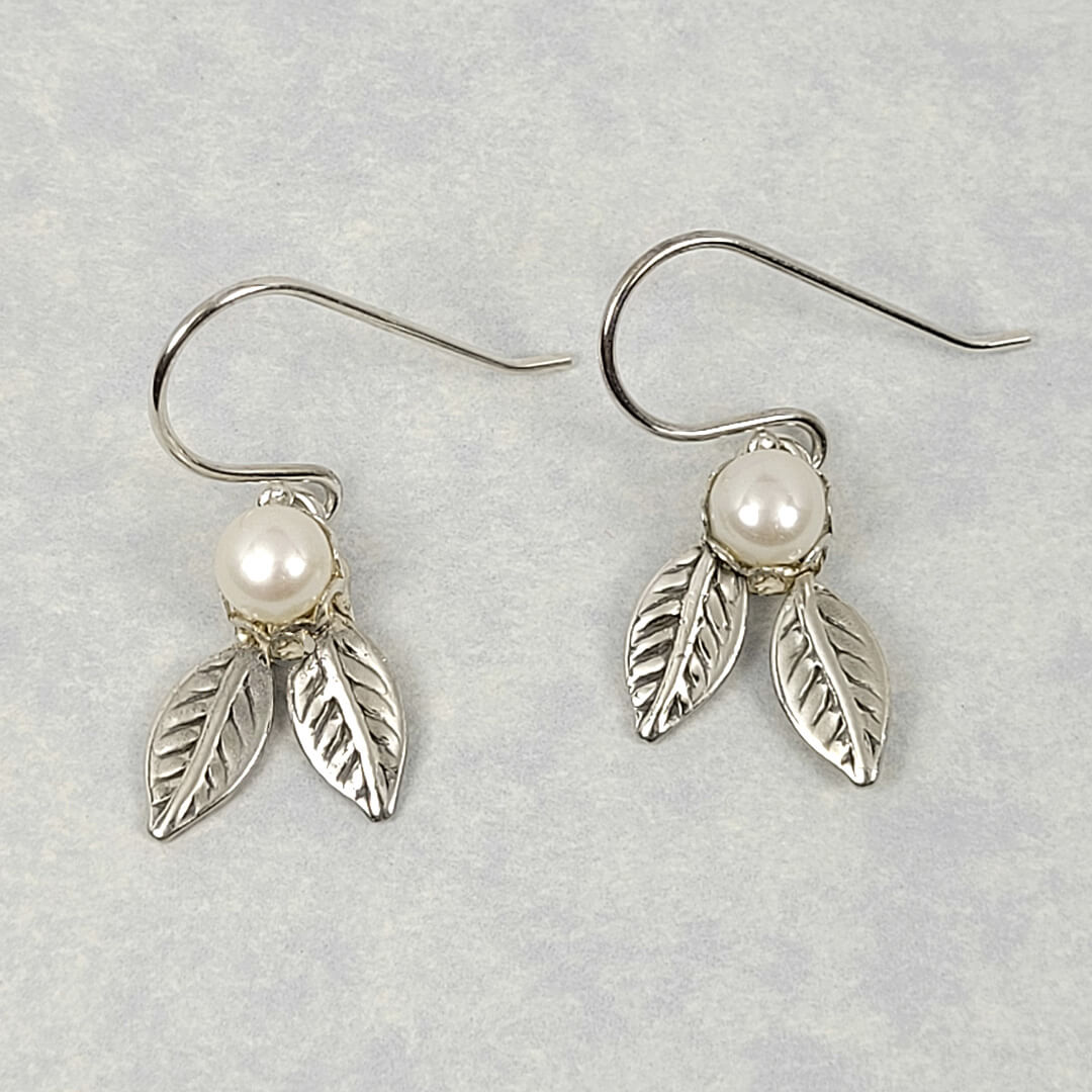 Sterling silver double leaf earrings with pearls