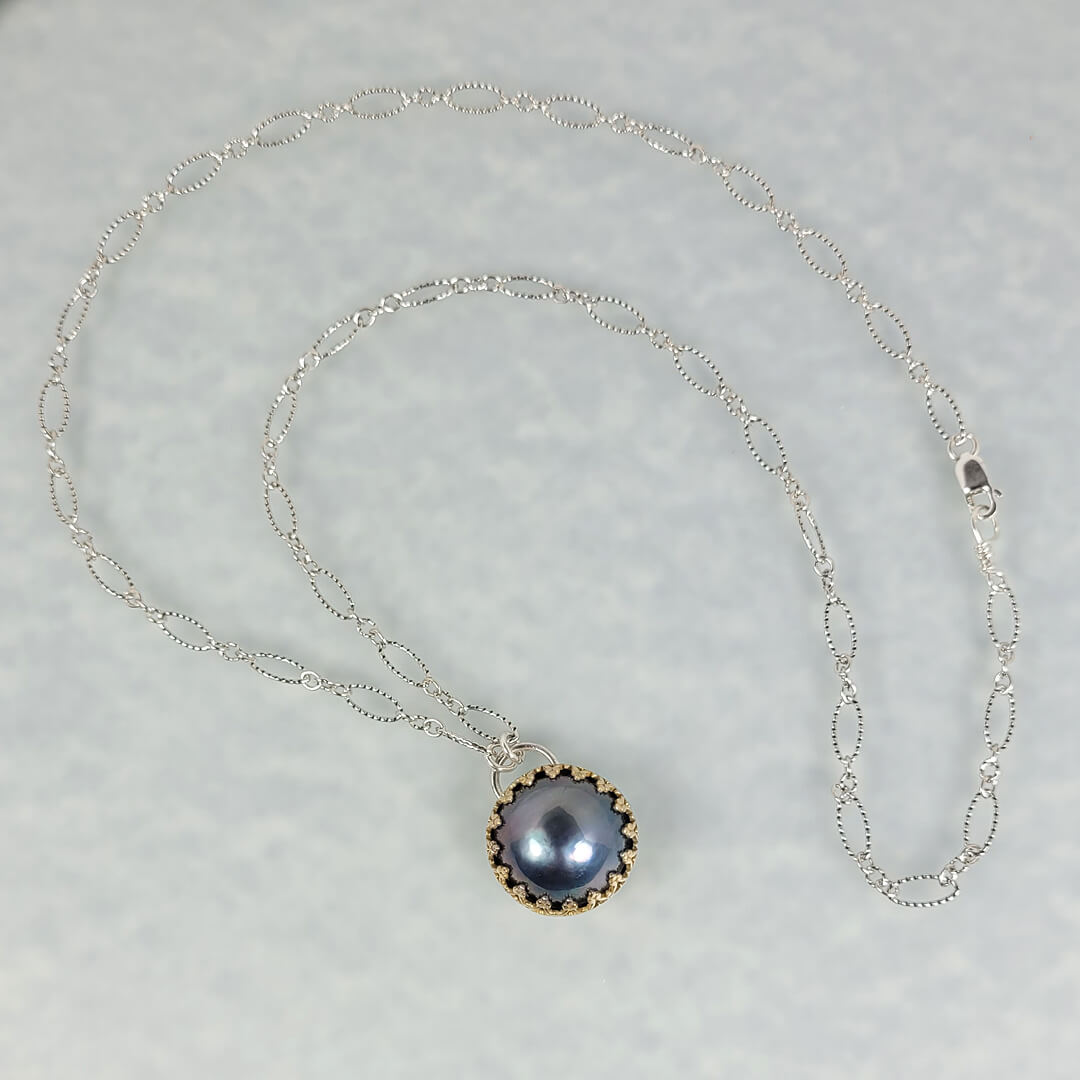 vintage style blue mabe pearl necklace in sterling silver and 14kt gold