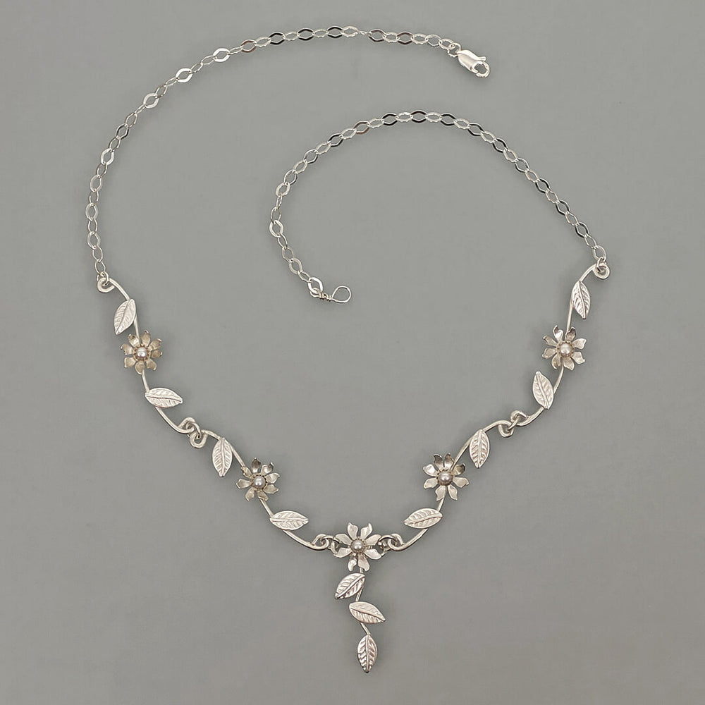 Sterling silver vine and flower necklace with pearls