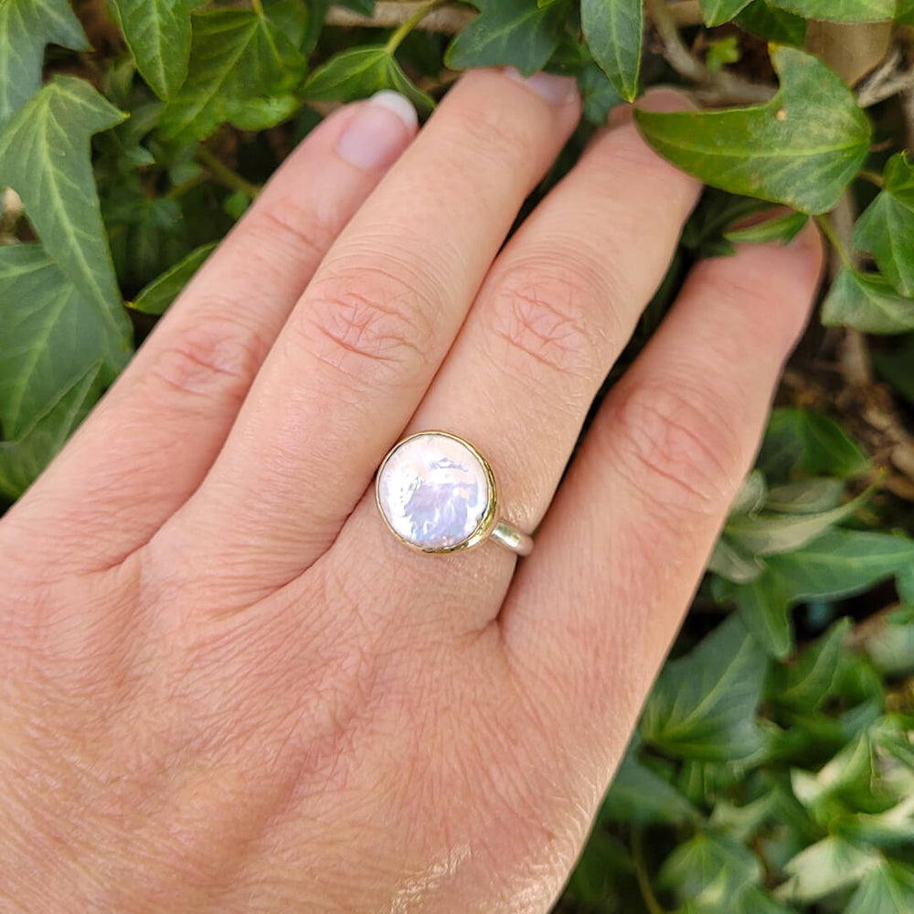 Coin Pearl Cocktail Ring in Sterling Silver and 14kt Gold