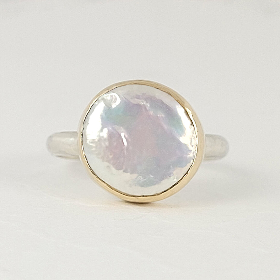 Coin Pearl Cocktail Ring in Sterling Silver and 14kt Gold