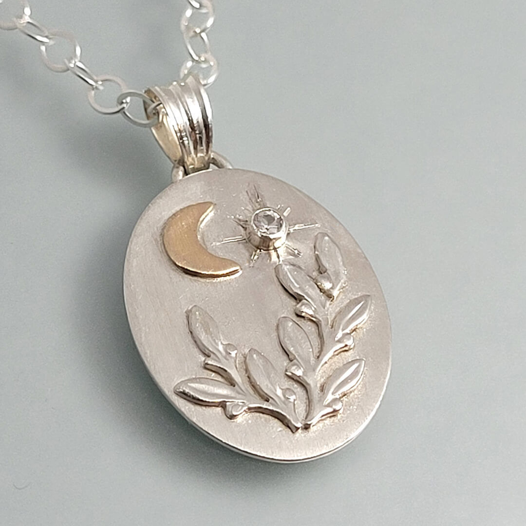 Floral Crescent Moon Necklace with White Sapphire Star