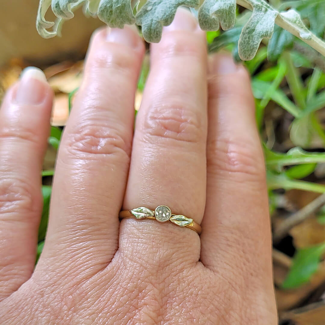 Rose Cut Diamond Leaf Ring with 14kt Yellow Gold Band and White Gold Leaves