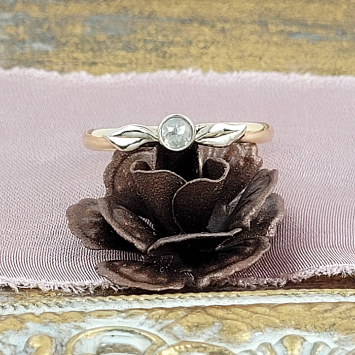 nature-inspired rose cut diamond ring with 14kt yellow gold band and white gold leaves
