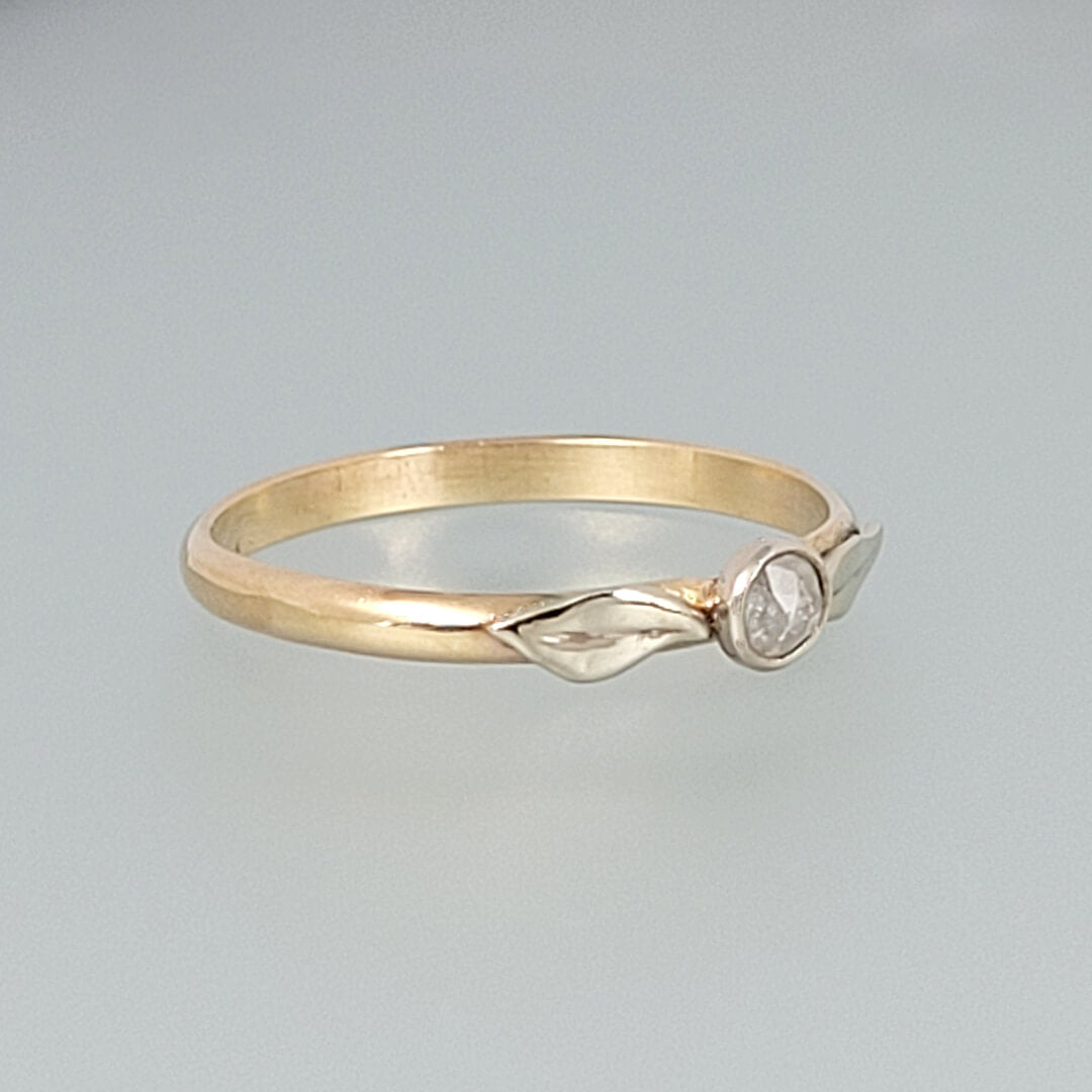 Rose Cut Diamond Ring with 14kt Yellow gold Band and White Gold Leaves
