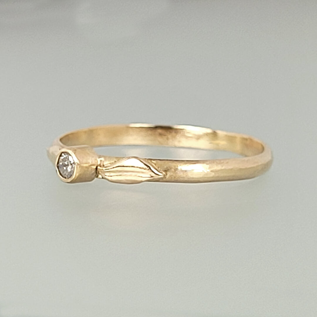 Small Diamond Ring with Leaves in 14kt Gold