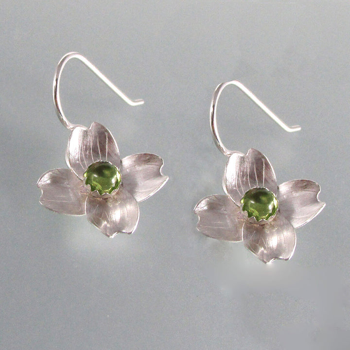 Sterling silver dogwood flower earrings with peridot