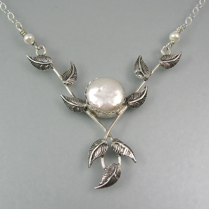 Vine and leaf necklace with flat coin pearl in sterling silver
