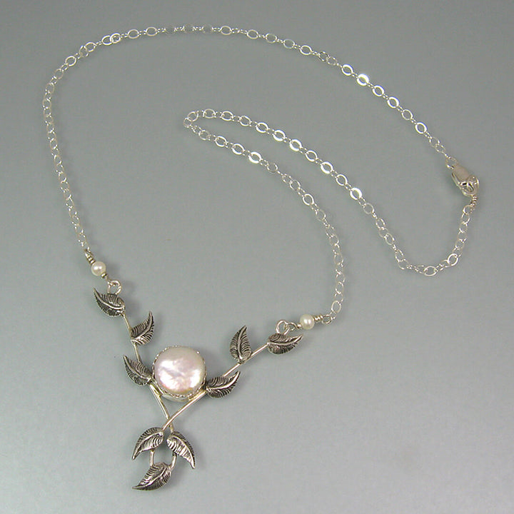 vine and leaf necklace with pearls in sterling silver