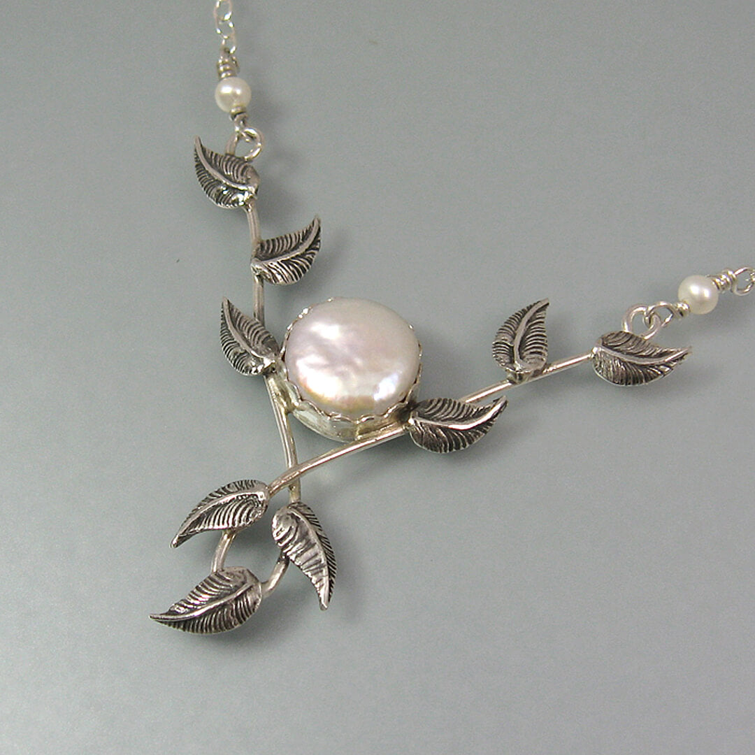 vine and leaf necklace with pearl in sterling silver