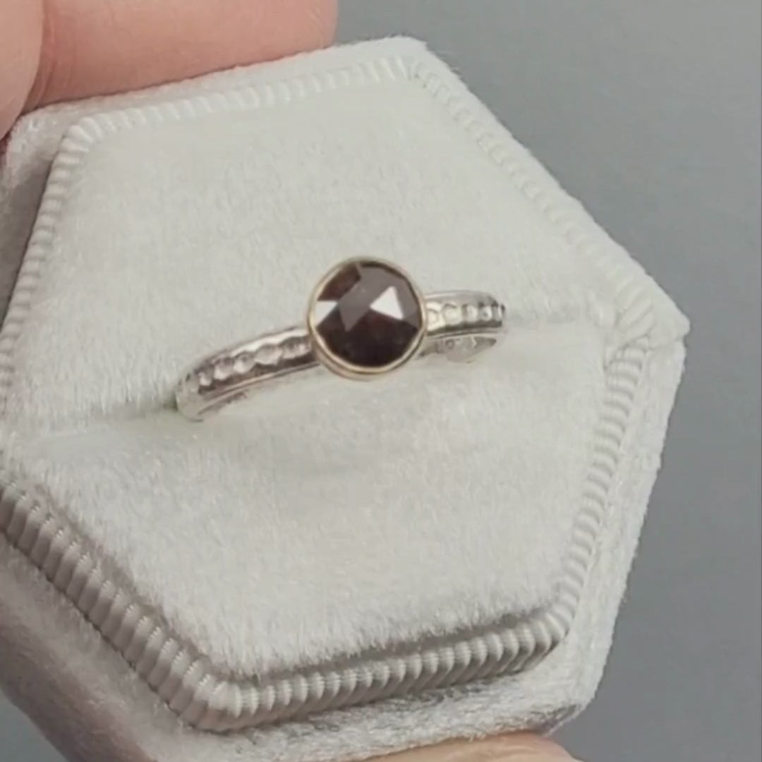 Rustic Chocolate Brown Diamond Ring with 14kt Gold Bezel on Dotted Sterling Silver Band