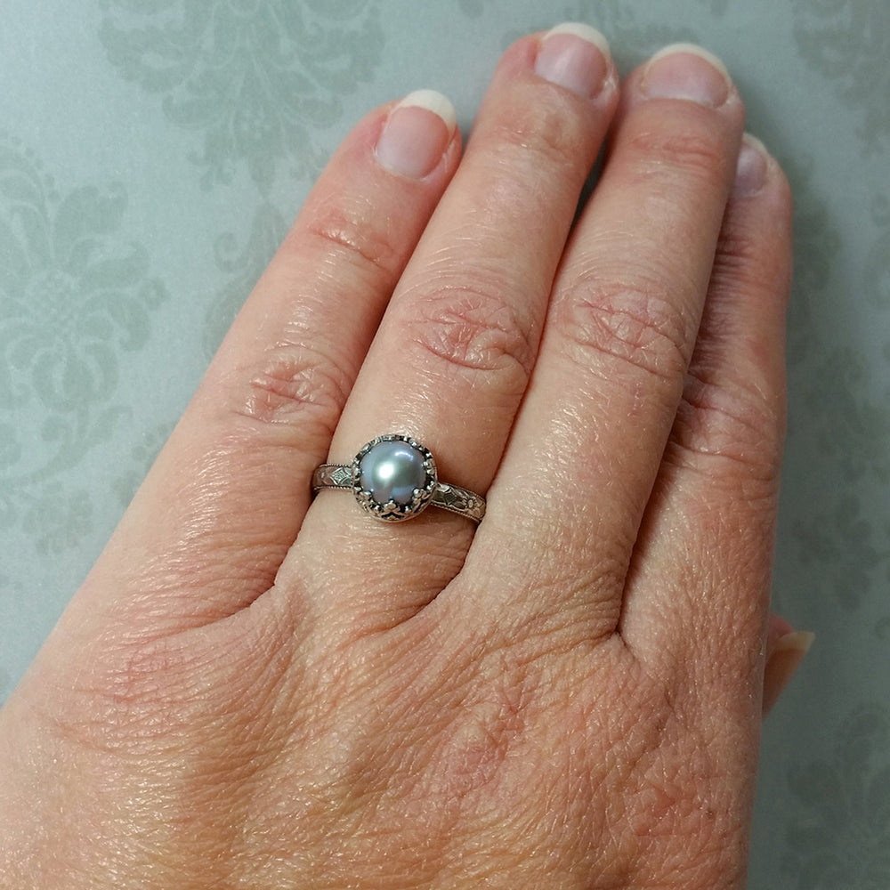alternative engagement vintage style gray pearl ring sterling silver on hand