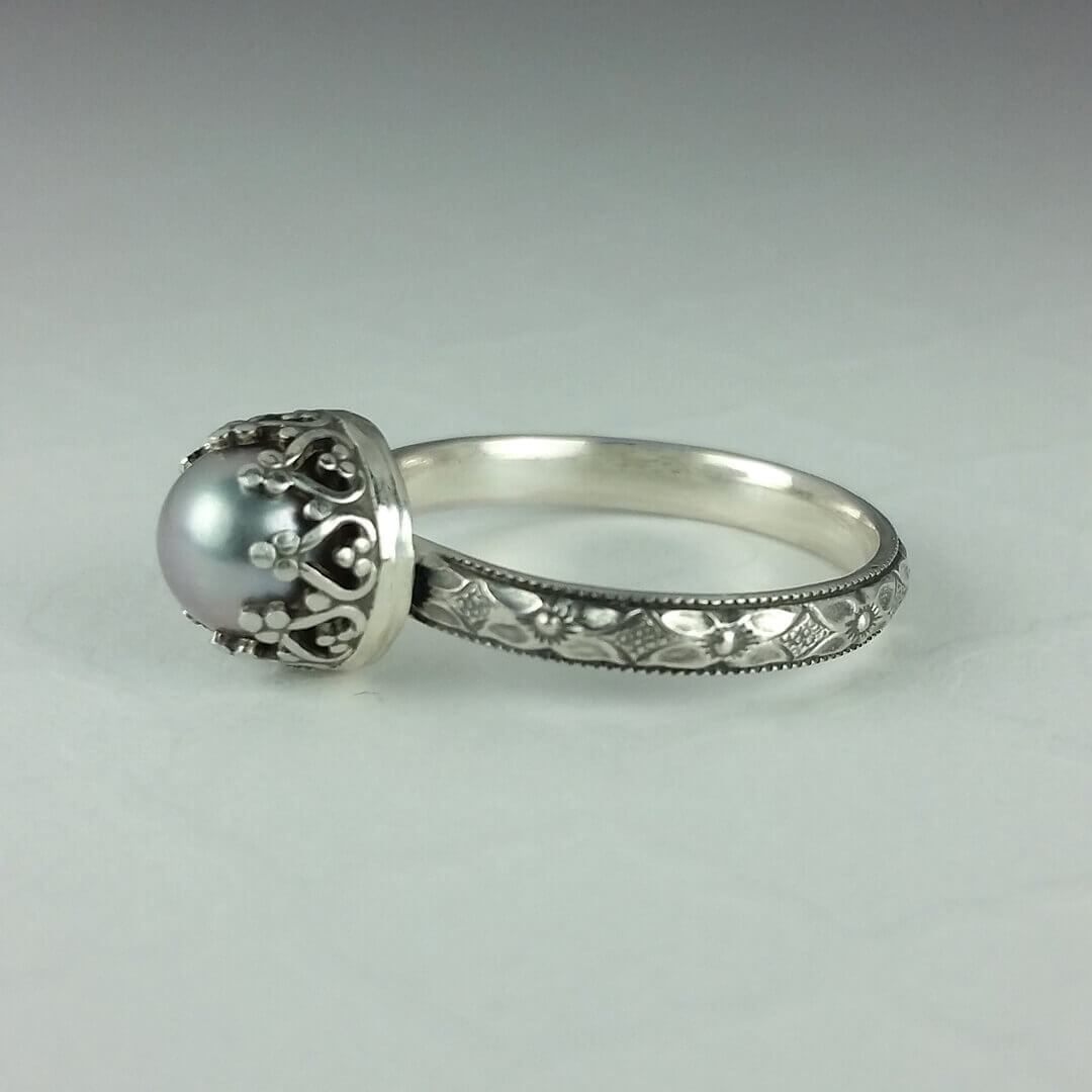 Edwardian style gray pearl engagement ring in sterling silver